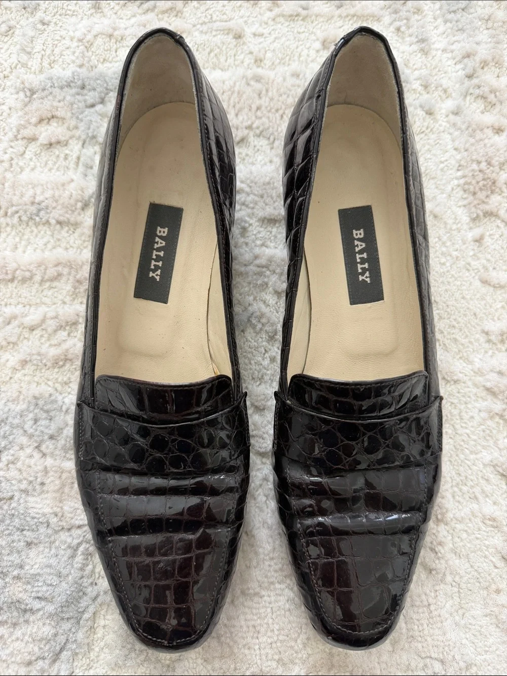 Beautiful Bally worn once  dark brown  Croc-Embossed Leather Loafers- impeccable